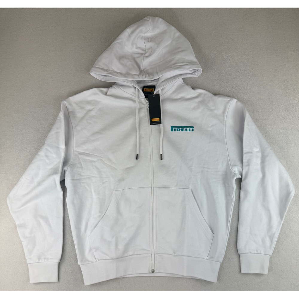 Pirelli Full Zip Hoodie Mens Small White Teal Logo Power Is Nothing Sweatshirt